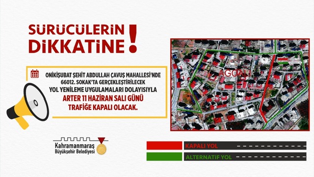 Onikişubat’ta O Arter 1 Gün Süreyle Trafiğe Kapalı Olacak